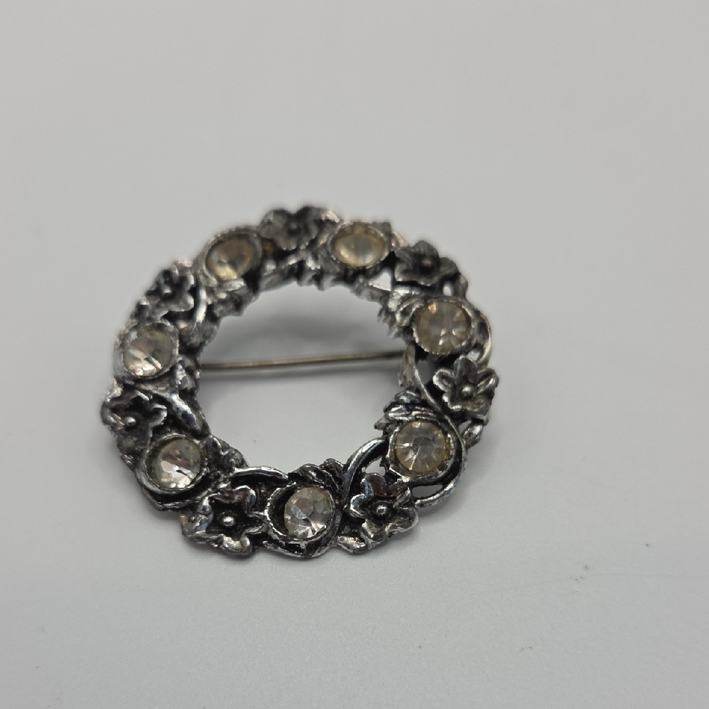 Source Unknown Silver and Crystal Floral Brooch